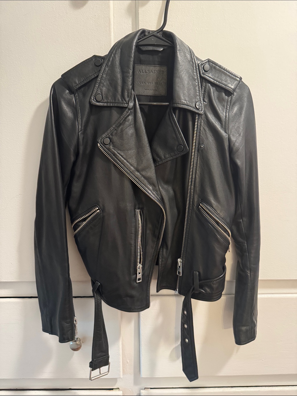Allsaints Black Leather Moto Jacket With Zip Accents